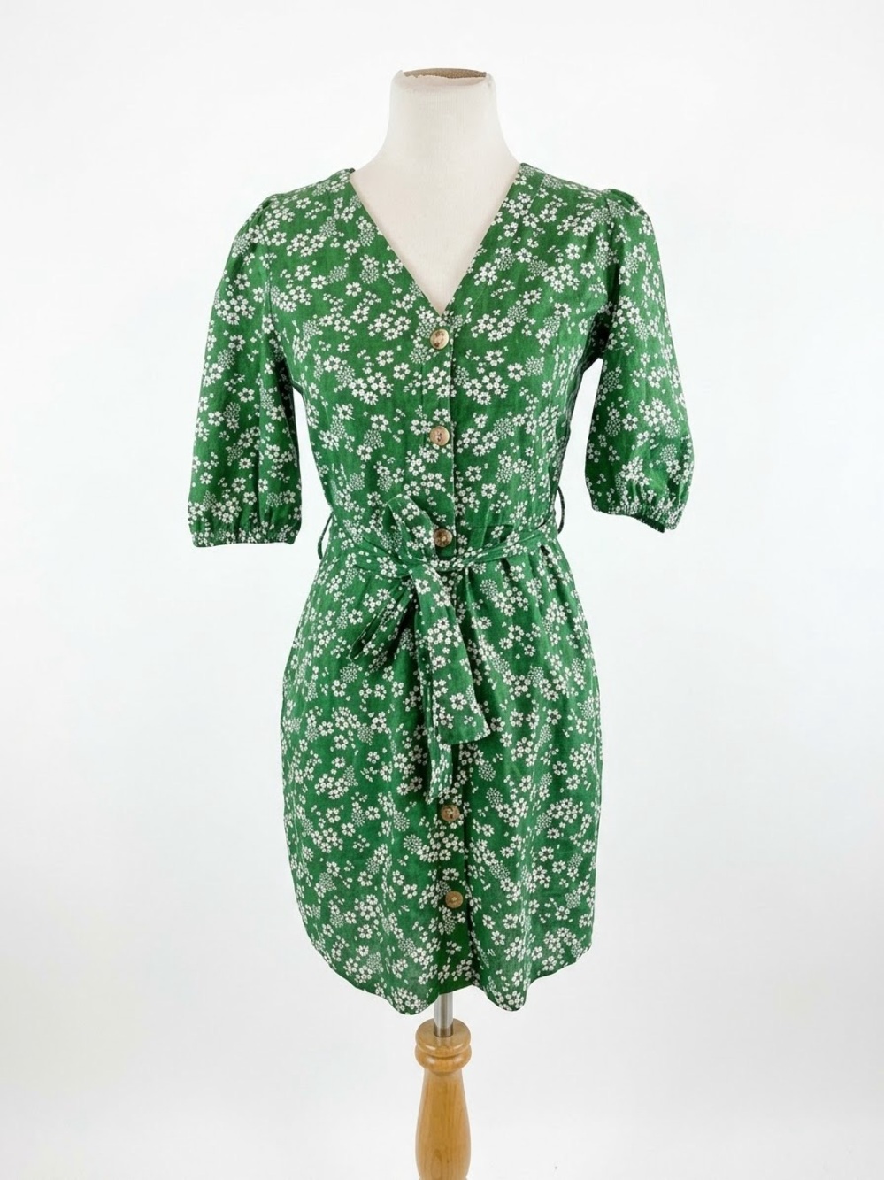 Monki Green Floral Button-Front Tie-Waist Mini Dress